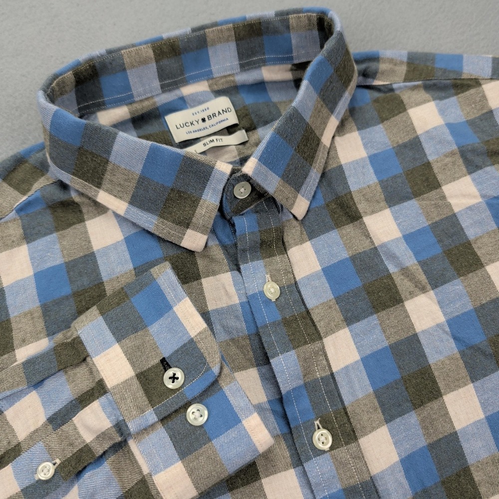 Lucky Brand Flannel Shirt Mens XL Blue Plaid Slim Fit Button Up Cotton Casual